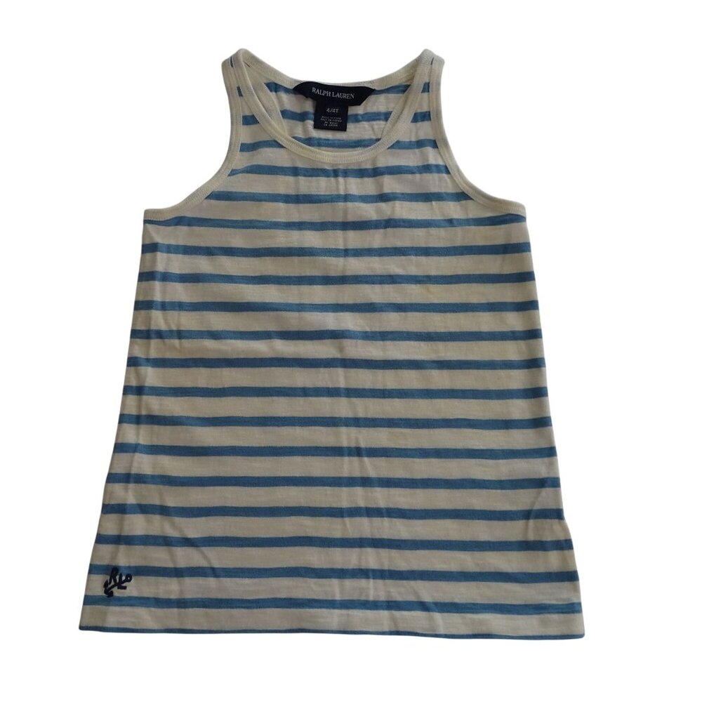 Ralph Lauren Striped Tank Top Girls Size 4 4T Blue Cream Cotton Nautical Summer - Picture 1 of 7